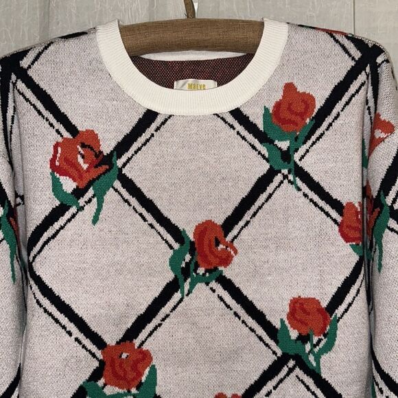 Anthro XXSP Maeve White Oversized Crop Crewneck Trellis Floral Pullover - Picture 12 of 17